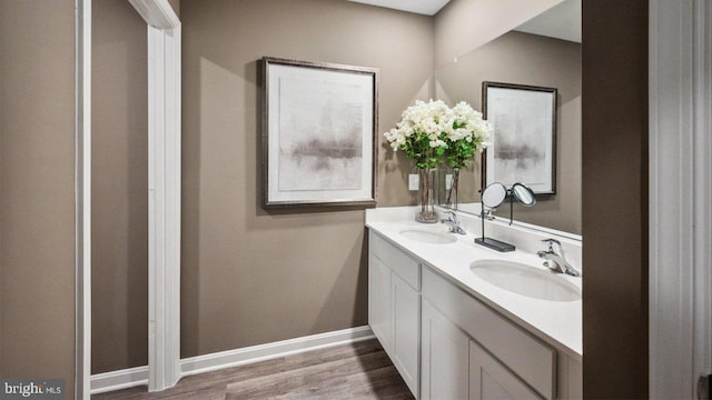 bathroom with baseboards, wood finished floors, and double vanity