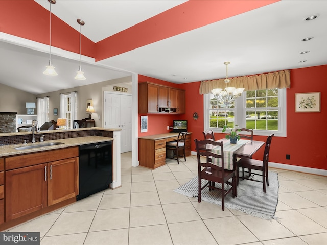 101 Gothard Rd, Lutherville Timonium, MD 21093 - kitchen featuring black dishwasher, a sink, brown cabinets, hanging light fixtures, and a chandelier