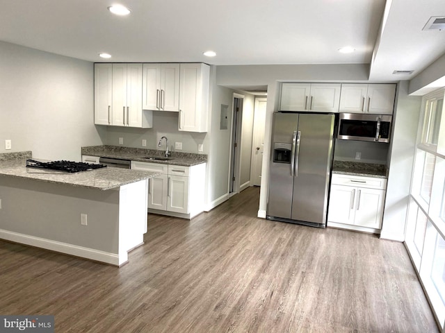 3419 University Blvd W Unit 102, Kensington, MD 20895 - kitchen with appliances with stainless steel finishes, a sink, wood finished floors, light stone countertops, and recessed lighting