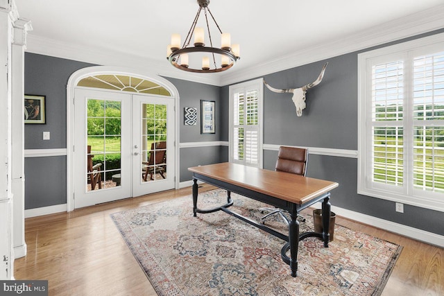 8170 Hollow Rd, Middletown, MD 21769 - office featuring plenty of natural light, french doors, a chandelier, baseboards, and crown molding