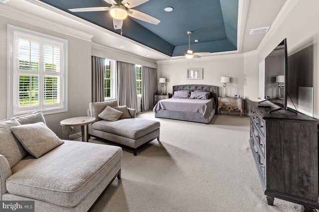 8170 Hollow Rd, Middletown, MD 21769 - bedroom with ornamental molding, a tray ceiling, carpet flooring, recessed lighting, and a ceiling fan