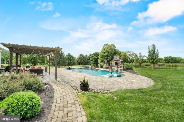 8170 Hollow Rd, Middletown, MD 21769 - swimming pool featuring a pergola, a patio, and an outdoor living space with a fireplace