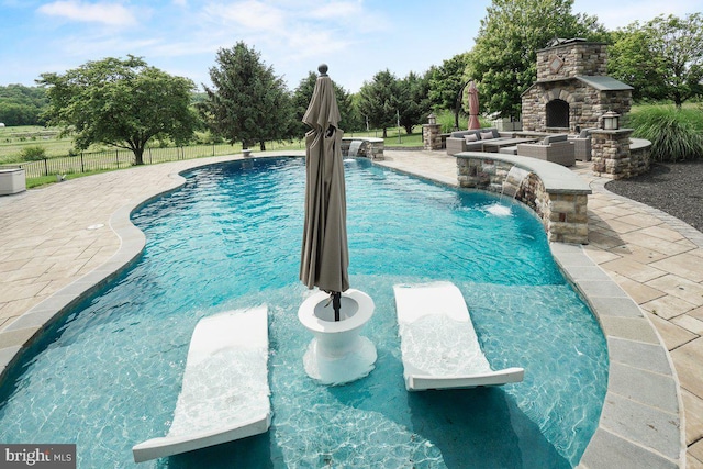 8170 Hollow Rd, Middletown, MD 21769 - view of pool featuring a patio and an outdoor living space with a fireplace