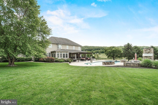 8170 Hollow Rd, Middletown, MD 21769 - rear view of house with a patio area, a lawn, an outdoor pool, a fire pit, and a sunroom