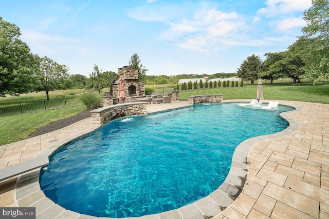 8170 Hollow Rd, Middletown, MD 21769 - view of swimming pool featuring an outdoor stone fireplace and a patio
