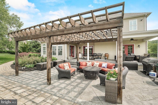 8170 Hollow Rd, Middletown, MD 21769 - view of patio / terrace featuring an outdoor hangout area, a pergola, a ceiling fan, and grilling area