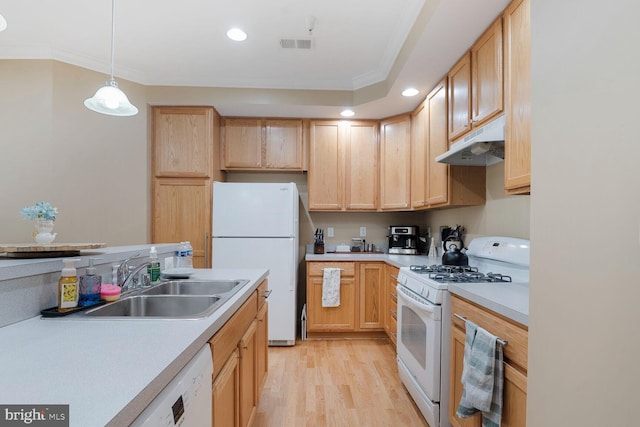 7269 Elkridge Crossing Way, Elkridge, MD 21075 - kitchen featuring white appliances, under cabinet range hood, a sink, light brown cabinetry, and ornamental molding
