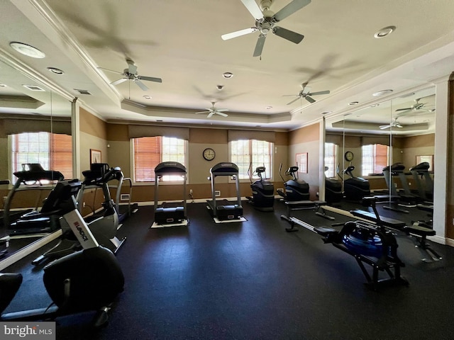 29 Monte Carlo Dr, Hamilton, NJ 08691 - gym with a tray ceiling, plenty of natural light, crown molding, baseboards, and recessed lighting