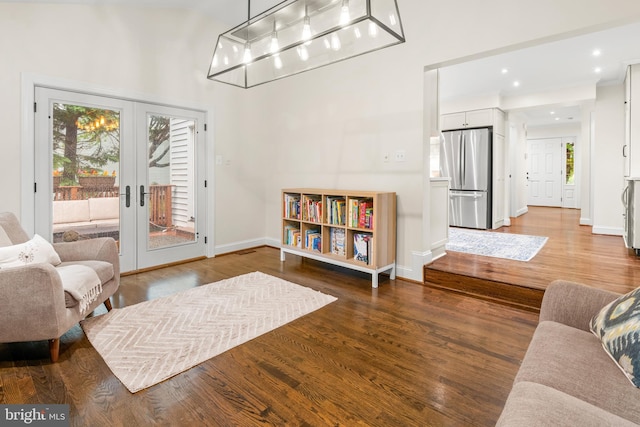 255 Lower Magothy Beach Rd, Severna Park, MD 21146 - living room with wood finished floors, french doors, baseboards, recessed lighting, and a high ceiling