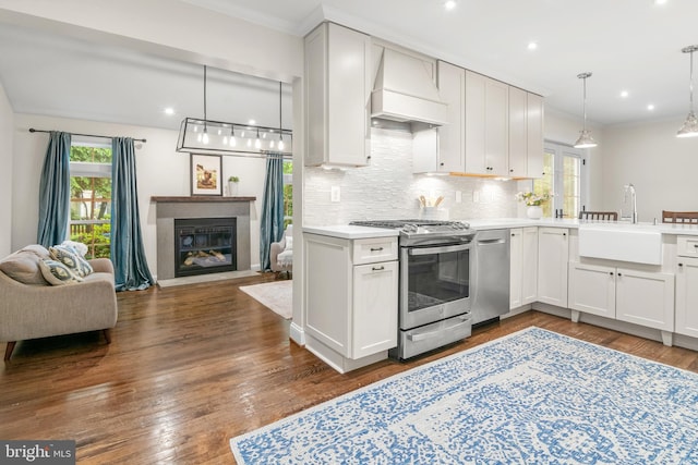 255 Lower Magothy Beach Rd, Severna Park, MD 21146 - kitchen with appliances with stainless steel finishes, custom exhaust hood, open floor plan, light countertops, and a fireplace with flush hearth