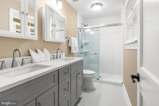 255 Lower Magothy Beach Rd, Severna Park, MD 21146 - bathroom featuring toilet, double vanity, a stall shower, and tile patterned floors