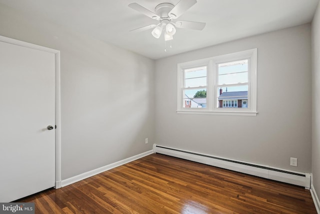 unfurnished room with a baseboard radiator, wood finished floors, a ceiling fan, and baseboards
