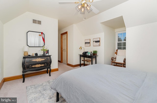 bedroom featuring lofted ceiling, baseboards, carpet flooring, and ceiling fan