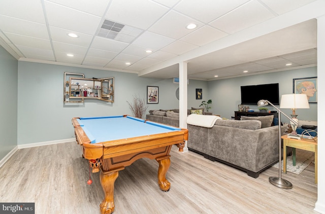 game room with wood finished floors, billiards, baseboards, and recessed lighting