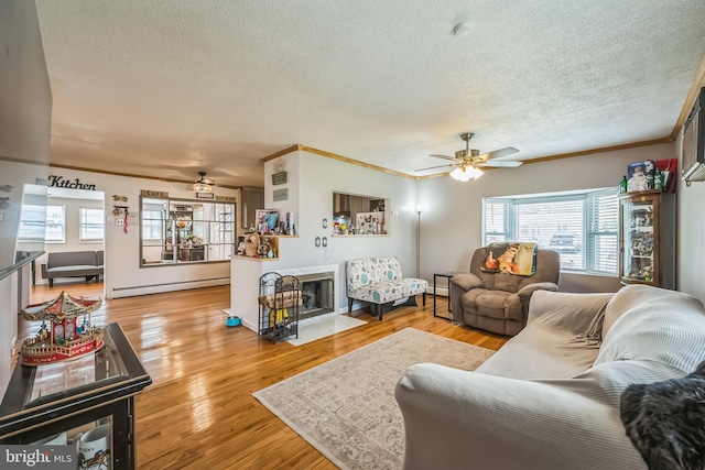 living room featuring a ceiling fan, a textured ceiling, crown molding, plenty of natural light, and light wood-style flooring