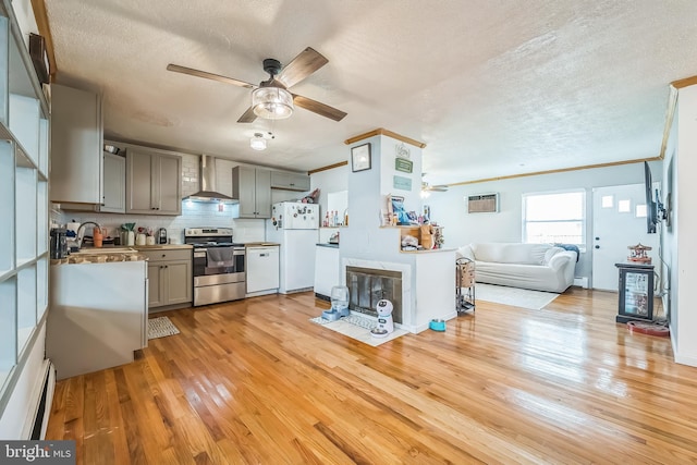 kitchen featuring stainless steel electric range, wall chimney exhaust hood, a ceiling fan, freestanding refrigerator, and a sink