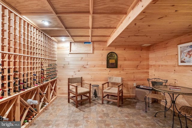 wine cellar with wooden ceiling, wood walls, and stone finish flooring