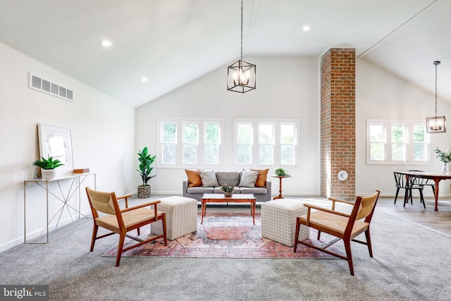 1017 Mill Rd, Leesport, PA 19533 - living room featuring high vaulted ceiling, a chandelier, baseboards, carpet flooring, and recessed lighting