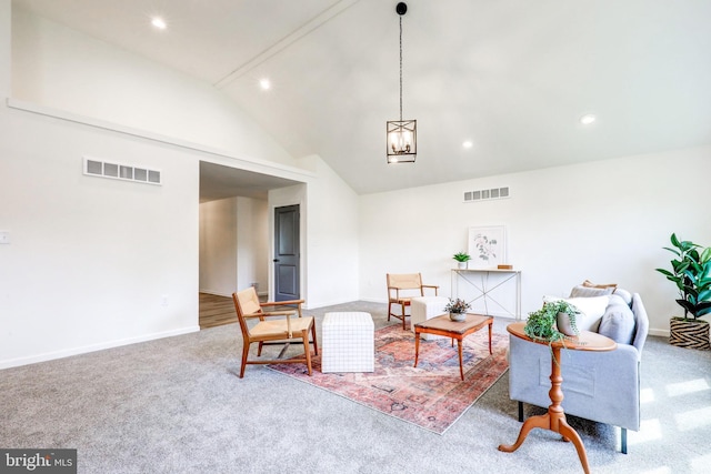 1017 Mill Rd, Leesport, PA 19533 - sitting room with carpet, baseboards, recessed lighting, a chandelier, and high vaulted ceiling