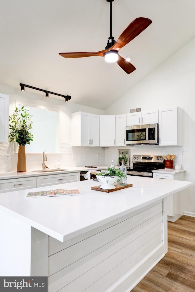 1017 Mill Rd, Leesport, PA 19533 - kitchen featuring stainless steel appliances, a sink, ceiling fan, light countertops, and tasteful backsplash