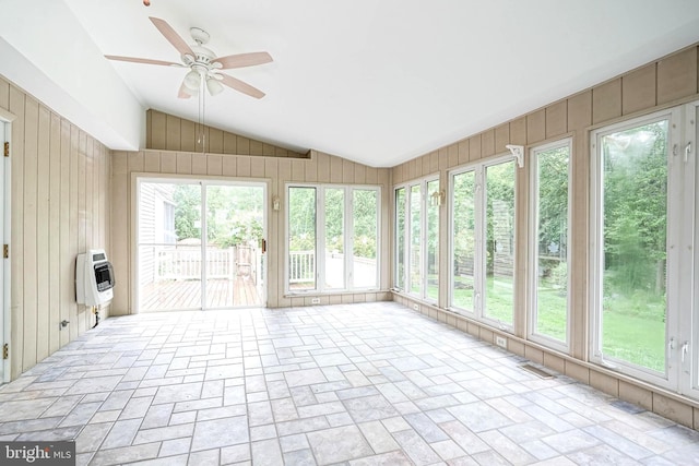612 Howard Ave, Pitman, NJ 08071 - unfurnished sunroom with lofted ceiling, heating unit, wood walls, french doors, and brick patterned flooring