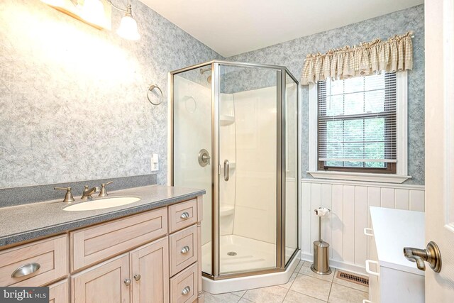 612 Howard Ave, Pitman, NJ 08071 - bathroom with wallpapered walls, a stall shower, tile patterned flooring, a wainscoted wall, and vanity