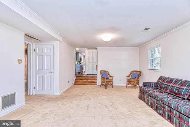 living area featuring crown molding, carpet flooring, and baseboards