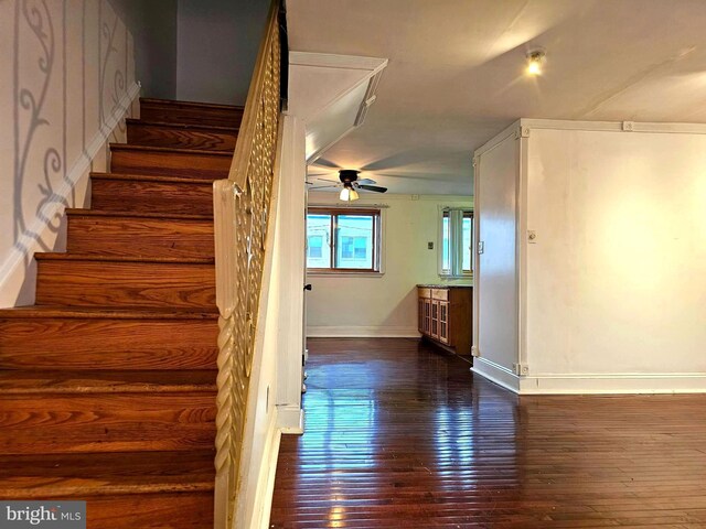 1506 N 13th St, Philadelphia, PA 19122 - stairway with wood-type flooring, ceiling fan, and baseboards