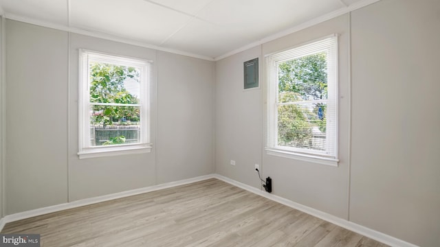 1802 Kittyhawk Rd, Baltimore, MD 21221 - spare room with crown molding, light wood-style floors, baseboards, and electric panel