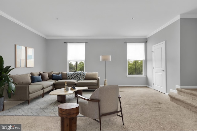 living room featuring light carpet, ornamental molding, baseboards, and stairway