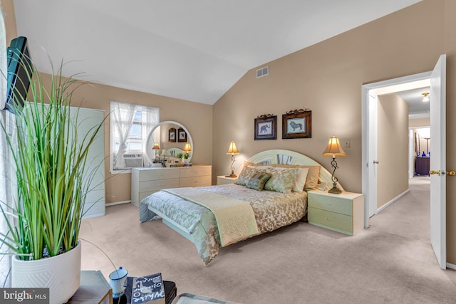 carpeted bedroom with lofted ceiling, baseboards, and cooling unit