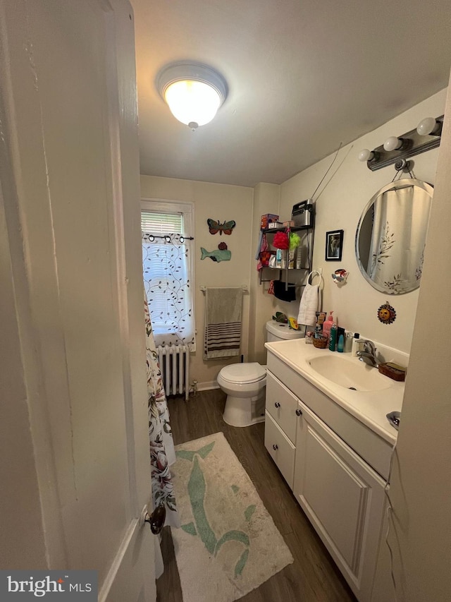 619 S Cameron St, Winchester, VA 22601 - bathroom with radiator heating unit, vanity, wood finished floors, and toilet