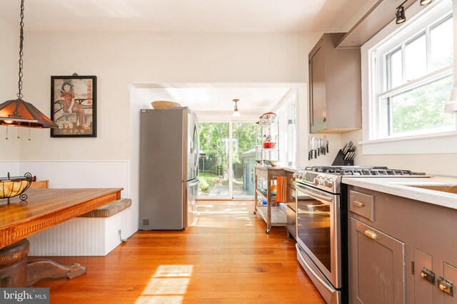 730 Fillmore St, Harpers Ferry, WV 25425 - kitchen with stainless steel appliances, light wood-style flooring, light countertops, gray cabinets, and hanging light fixtures