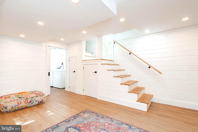 730 Fillmore St, Harpers Ferry, WV 25425 - below grade area with stairs, light wood finished floors, recessed lighting, and separate washer and dryer