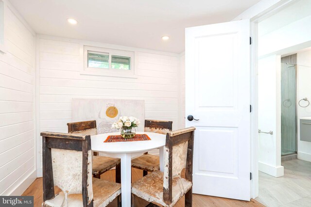 730 Fillmore St, Harpers Ferry, WV 25425 - dining space featuring wooden walls, baseboards, light wood-style floors, and recessed lighting