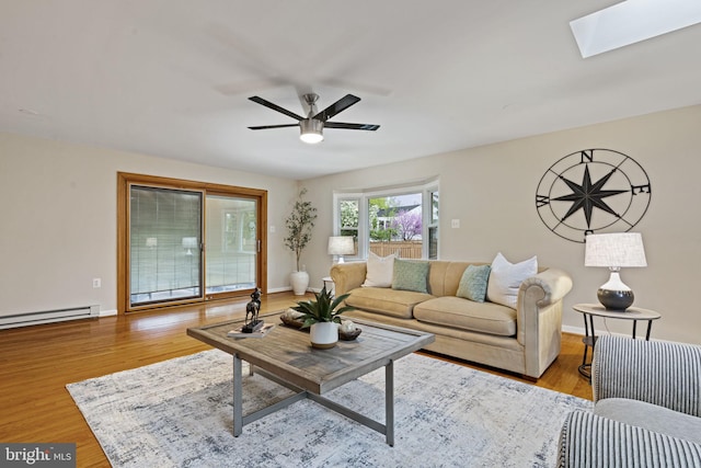 14906 Cranoke St, Centreville, VA 20120 - living area featuring a skylight, ceiling fan, baseboard heating, and wood finished floors