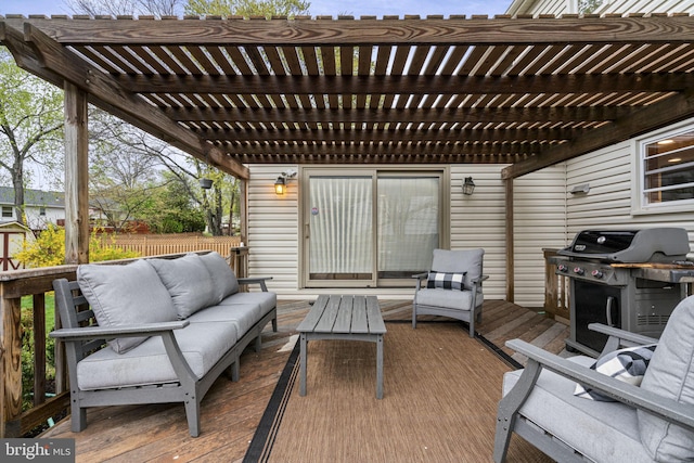 14906 Cranoke St, Centreville, VA 20120 - wooden terrace with outdoor lounge area, a pergola, area for grilling, and fence