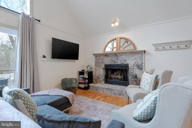 living room featuring wood finished floors, a stone fireplace, and vaulted ceiling
