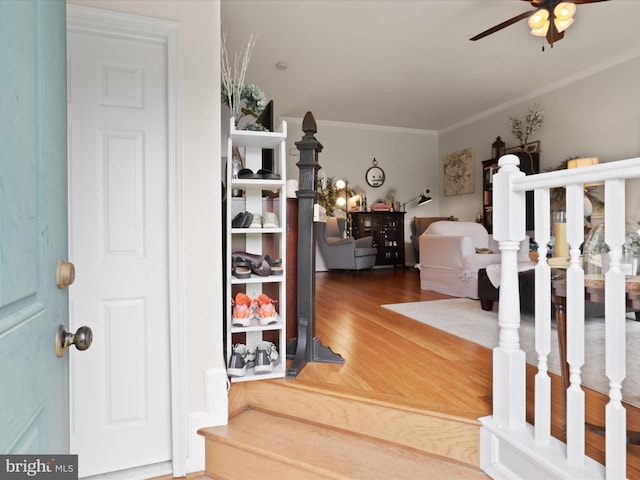 stairs featuring a ceiling fan, wood finished floors, and ornamental molding