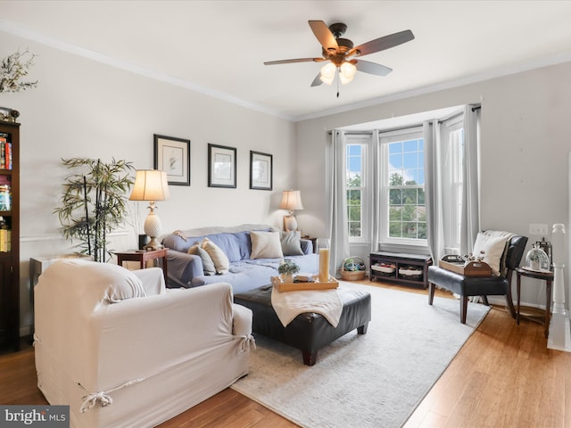 living area with wood finished floors, crown molding, and ceiling fan