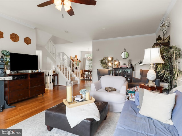 living room featuring stairway, a ceiling fan, ornamental molding, and wood finished floors
