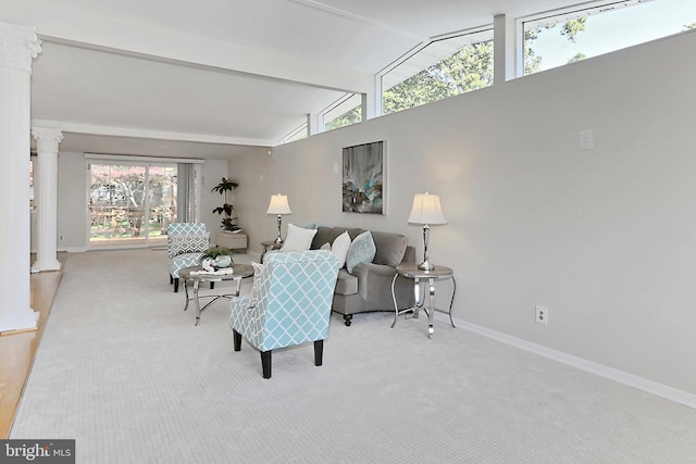 4124 Watkins Trl, Annandale, VA 22003 - living area with decorative columns, lofted ceiling, carpet floors, and baseboards