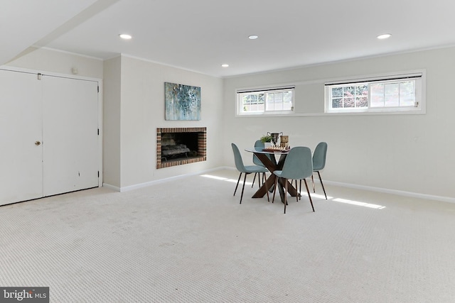 4124 Watkins Trl, Annandale, VA 22003 - carpeted dining room featuring a brick fireplace, baseboards, and recessed lighting