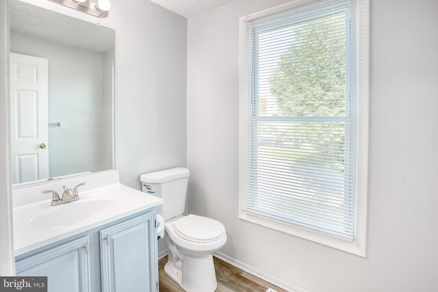 bathroom with toilet, wood finished floors, vanity, baseboards, and a textured ceiling
