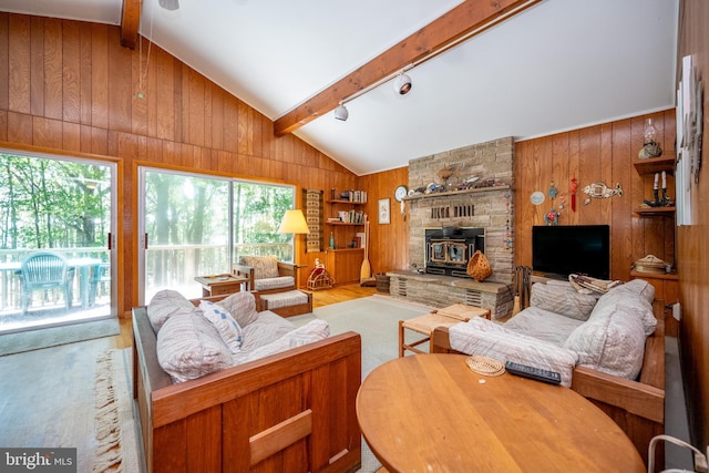 living room with wooden walls, wood finished floors, and a wood stove