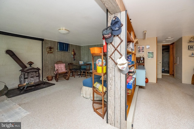 interior space with a wood stove