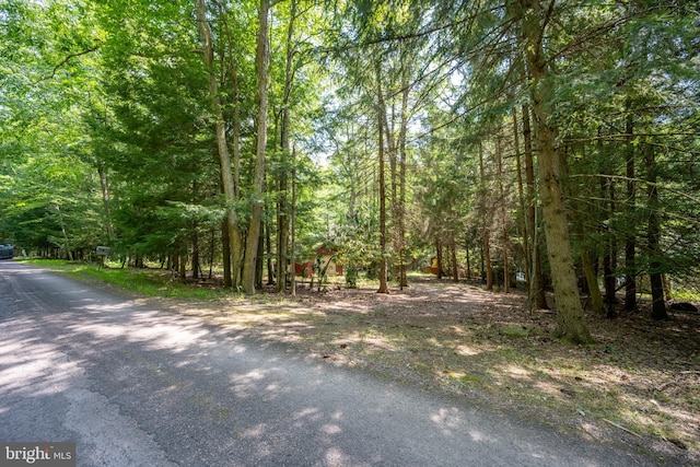 view of asphalt road with a view of trees
