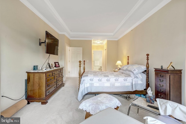 bedroom featuring light carpet and ornamental molding