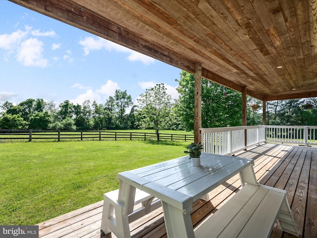 deck with view of wooded area and outdoor dining space