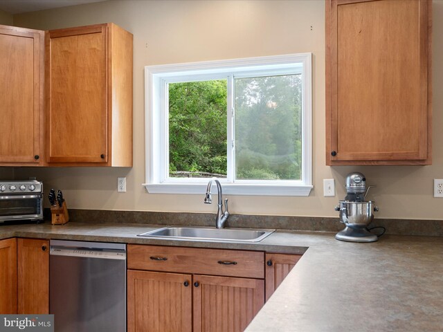 kitchen with dishwasher, a sink, and dark countertops